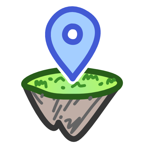 an image of a floating landmass with a blue location pin on the top of it. The landmass has a  flat green top and spiky grey bottom